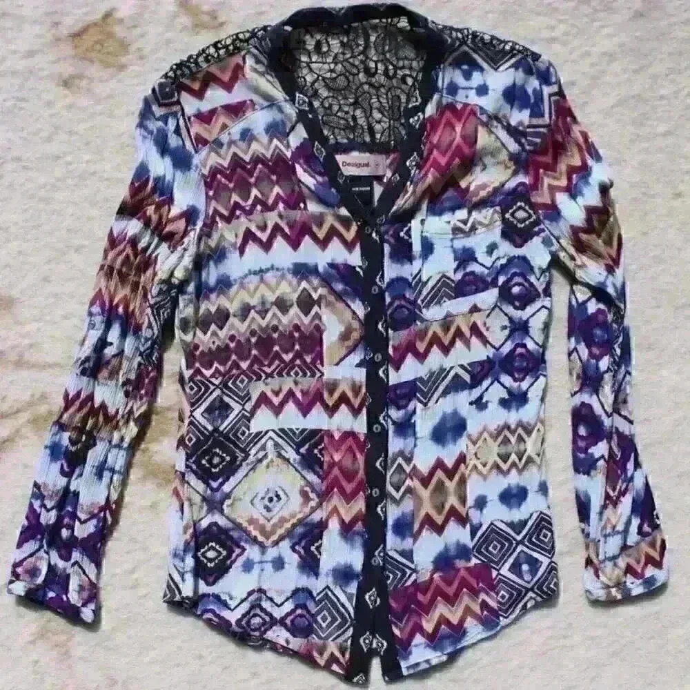 Desigual Roll Tab Sleeve Aztec Pattern Crochet Bu… - image 2